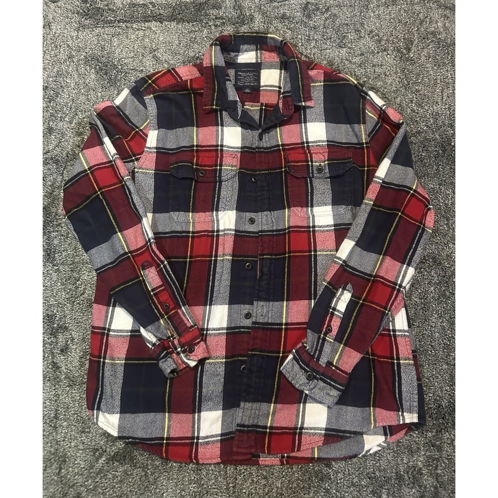 American Eagle Flannel Shirt Mens L Large Plaid Button Down Long Sleeve Red Navy